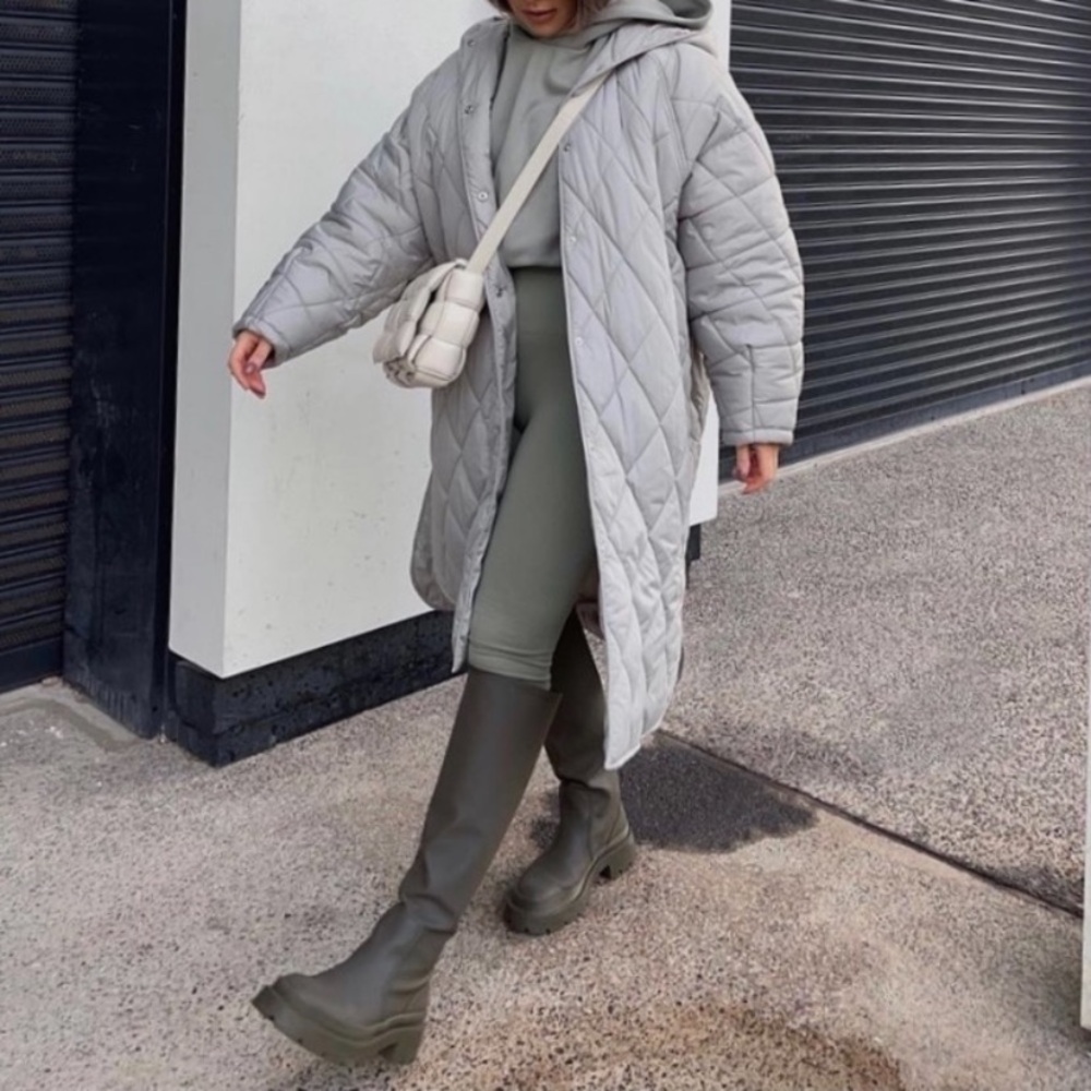 Zara long quilted puffer coat with hood stone grey - Picture 2 of 16